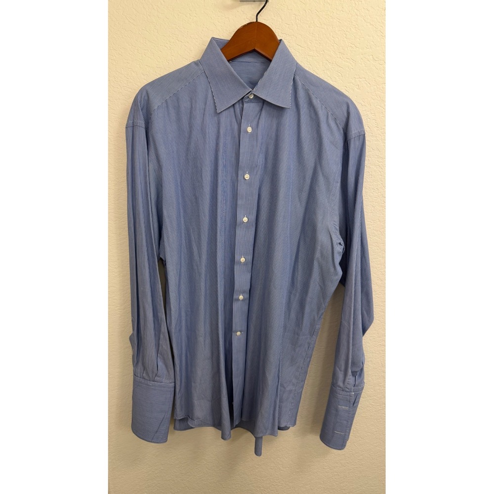 Ermenegildo Zegna Mens Blue White Striped Dress Shirt French Cuff Size 41 16